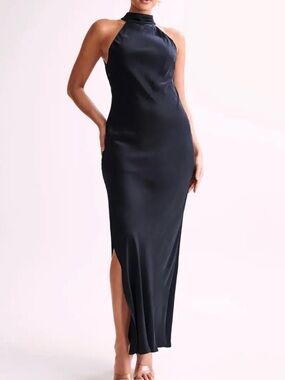 Meshki Claire Satin Drape Back Maxi Dress in Black - Size XL